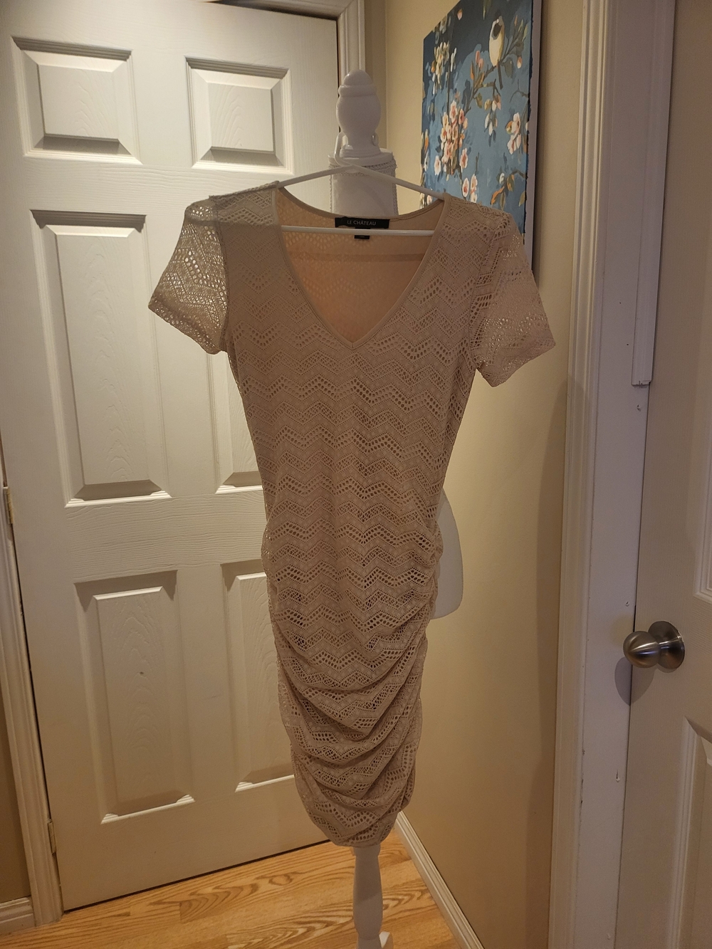 Le Chateau Crochet Knit V-Neck Ruched Short Sleeve Dress - Cream (63)